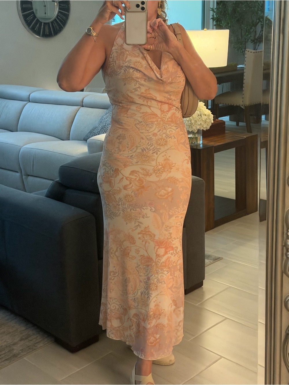 See You Monday Peach Floral Cowl-Neck Maxi Dress